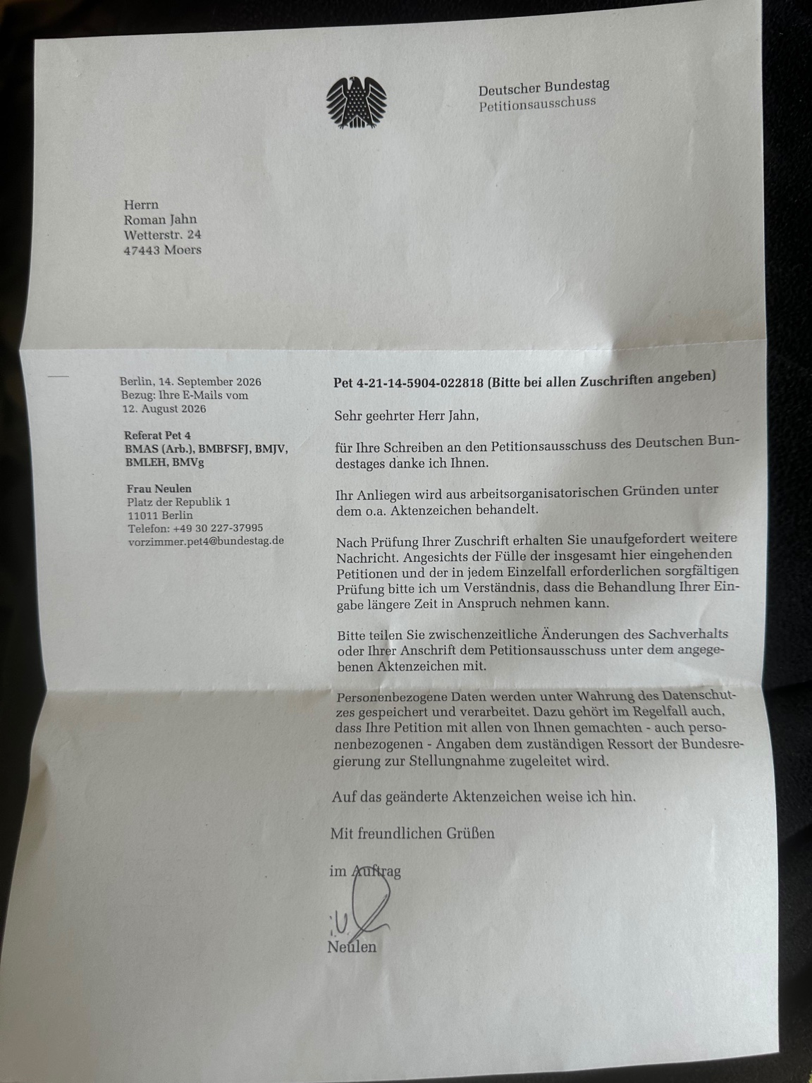 Schreiben des Petitionsausschusses vom 14. September 2026