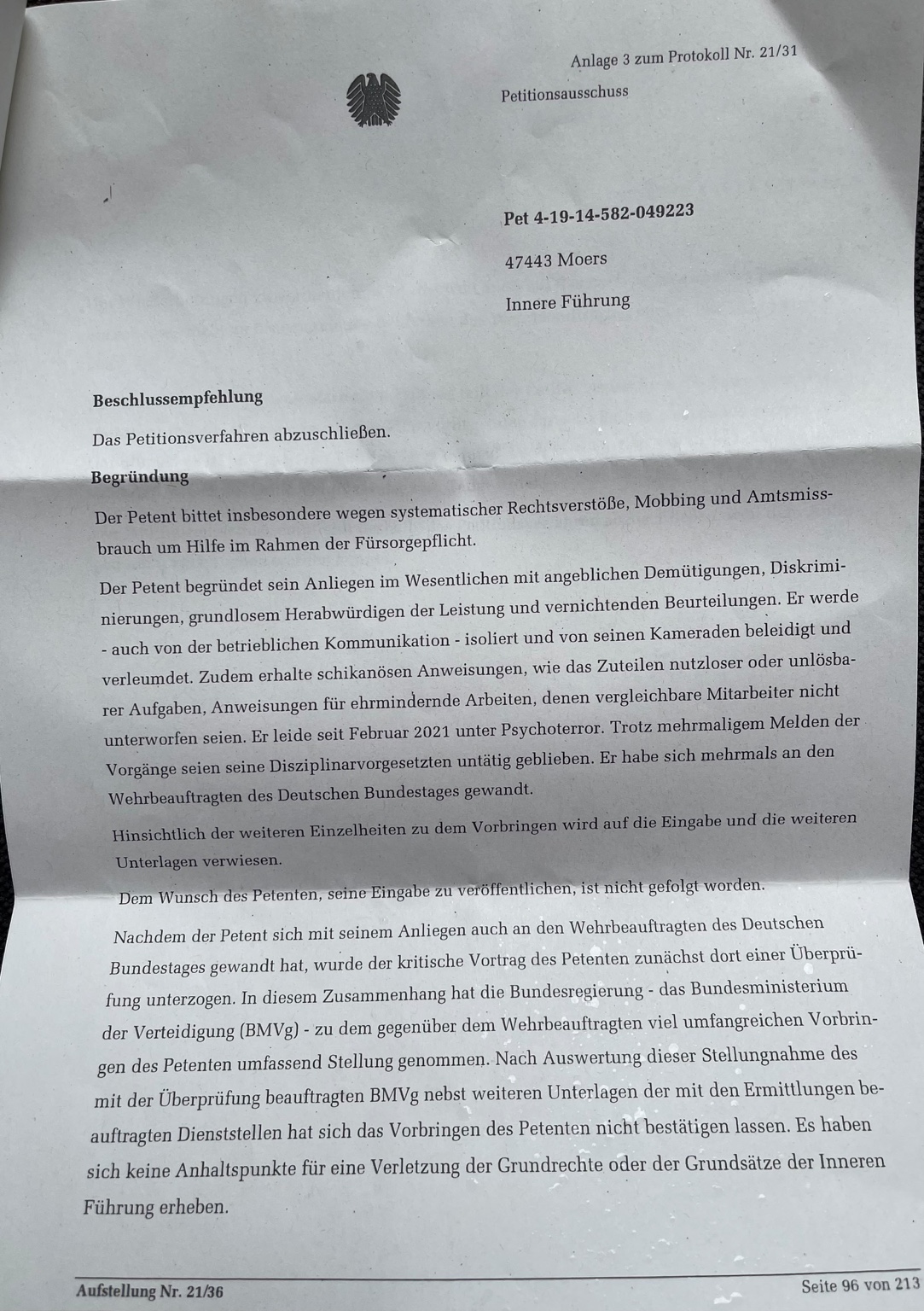 Beschlussempfehlung des Petitionsausschusses